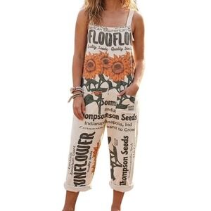 The Junk Vintage Sack Sunflower Seed Packet Print Wide Leg Overalls Jumpsuit OS